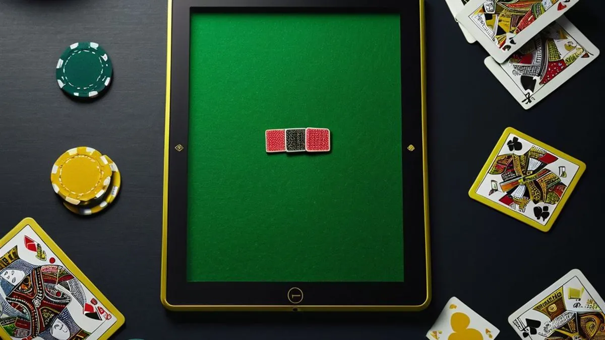 Tablet con un tapete verde de cartas rodeada de naipes y fichas sobre una mesa oscura