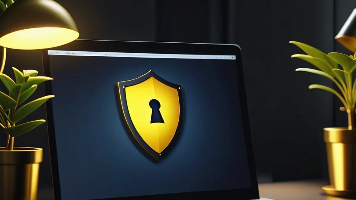 Laptop con un escudo amarillo y una cerradura en pantalla entre plantas y una lámpara