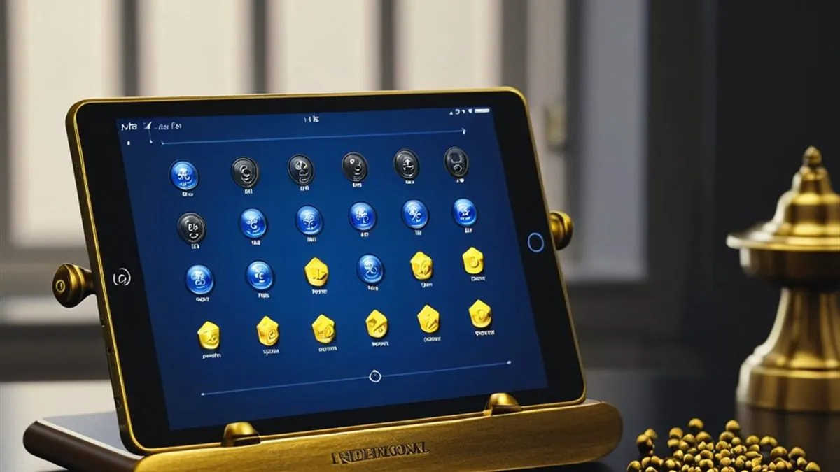 Tablet en un soporte dorado con iconos de juegos azules y dorados en pantalla