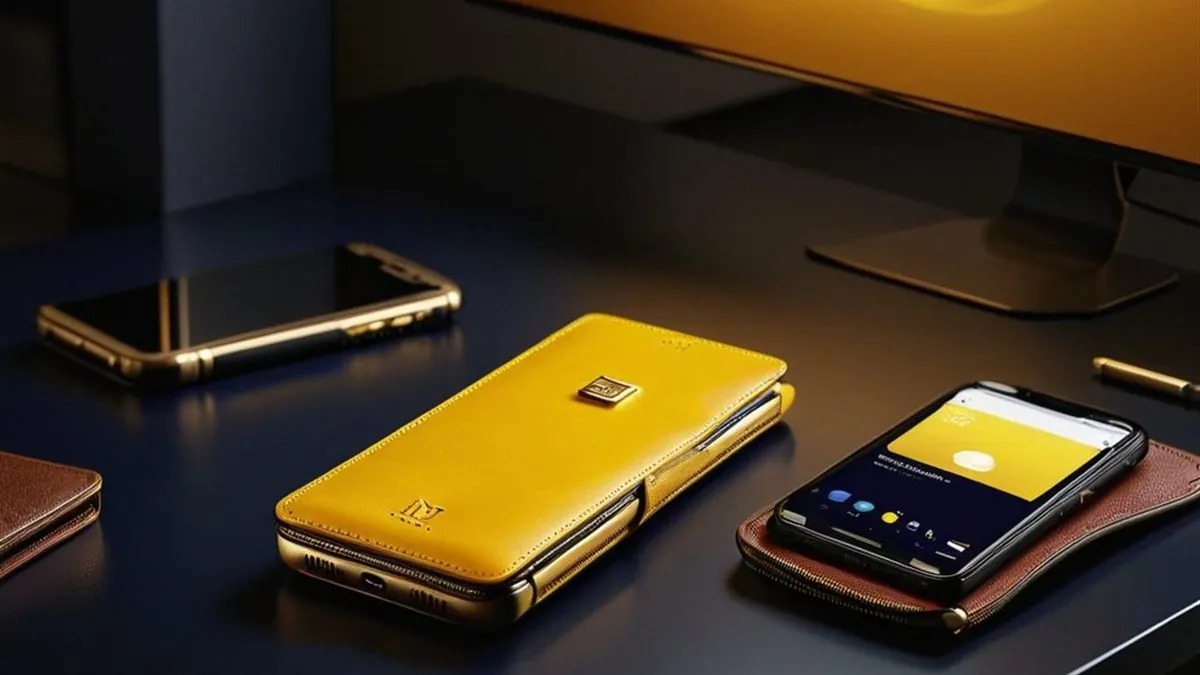 Celulares con funda amarilla y carteras de piel sobre un escritorio oscuro